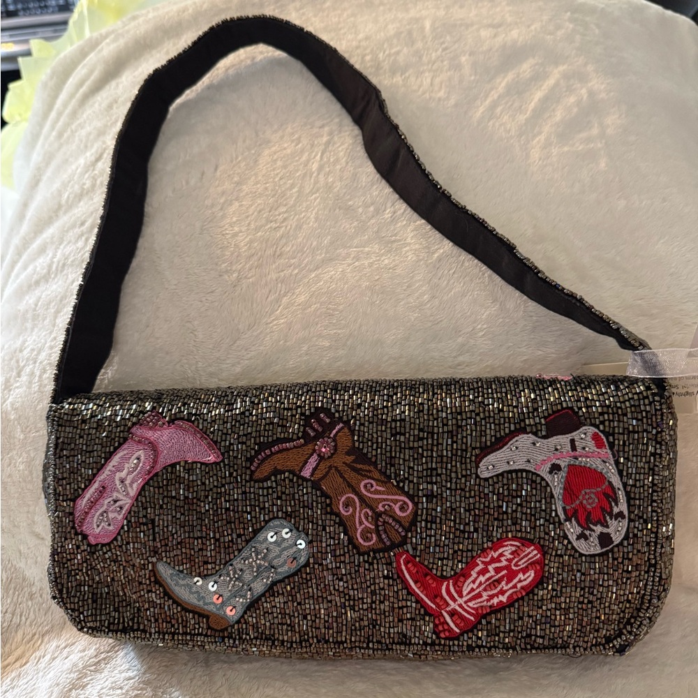Beaded Shoulder Bag with Boot Embellishments
